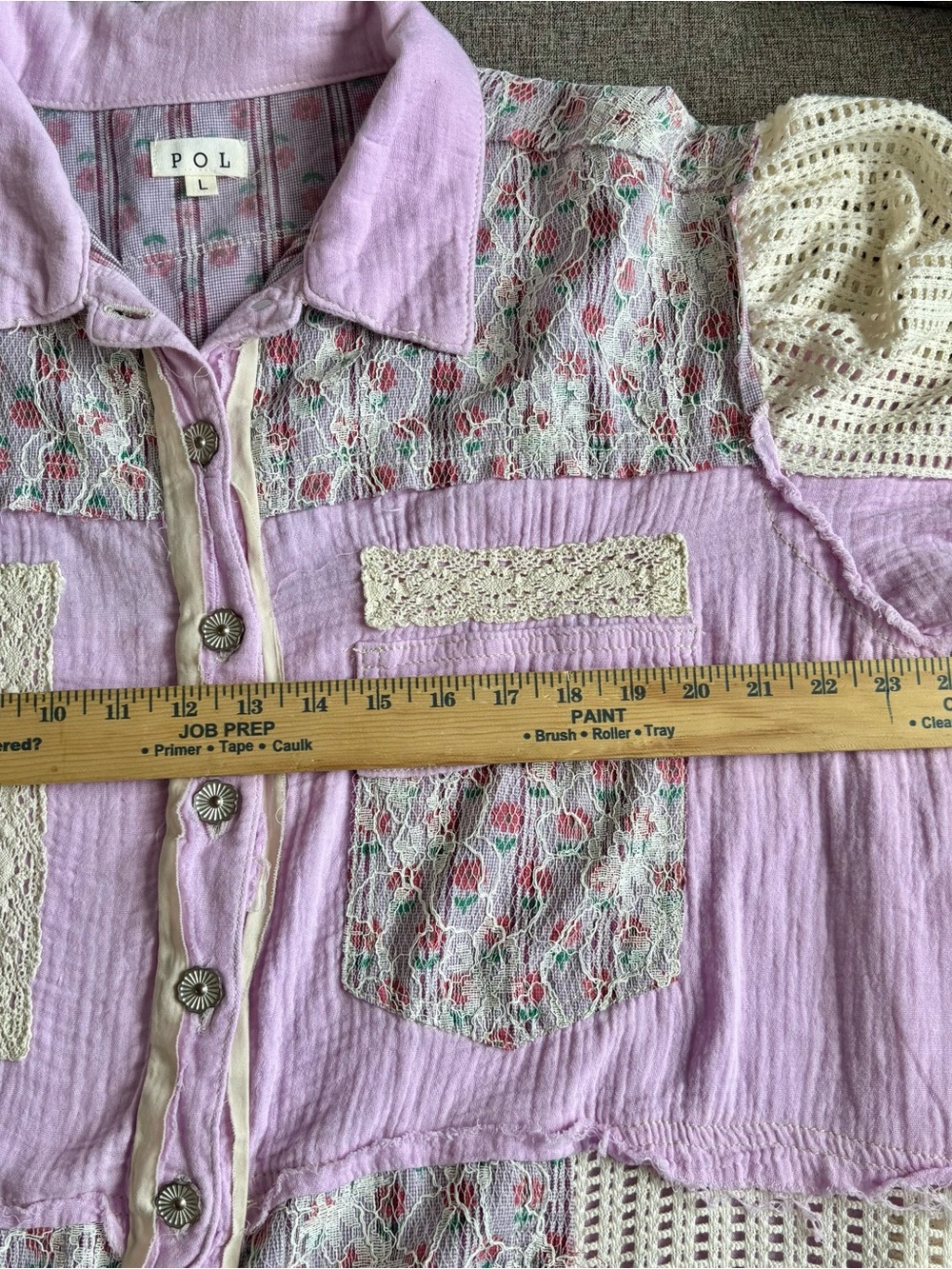 POL Lavender Patchwork Button-Front Shacket with Cream Sleeves - Picture 7 of 10